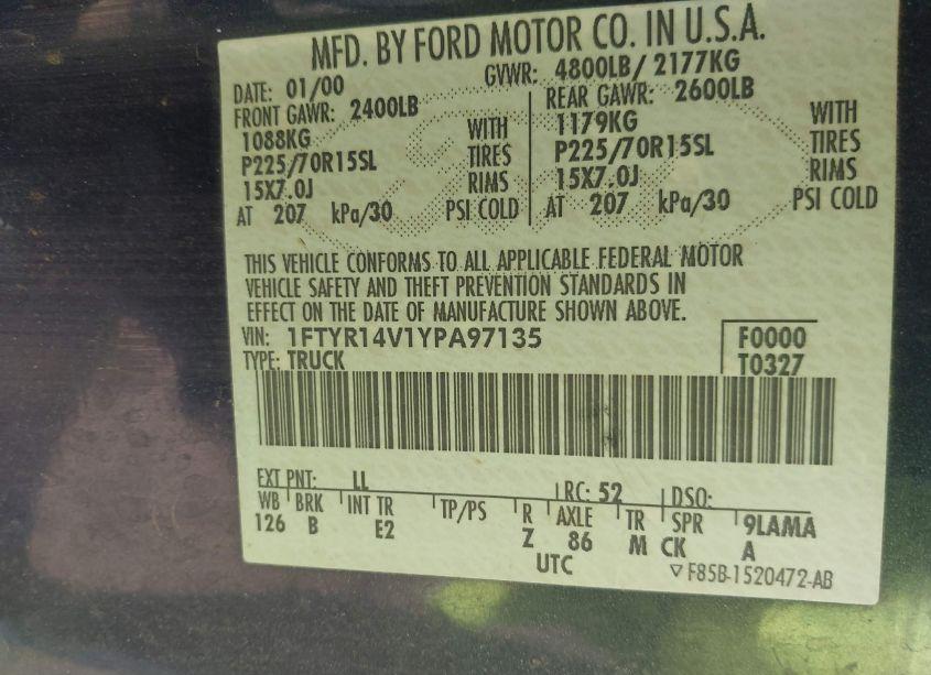 Photo 9 of 2000 Ford Ranger XL/XLT (VIN 1FTYR14V1YPA97135)