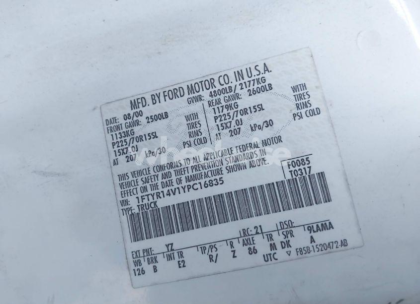 Photo 9 of 2000 Ford Ranger XL/XLT (VIN 1FTYR14V1YPC16835)