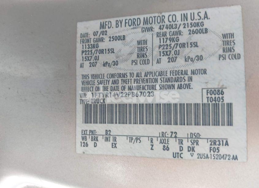 Photo 9 of 2002 Ford Ranger EDGE/TREMOR/XL/XLT (VIN 1FTYR14V22PB67023)