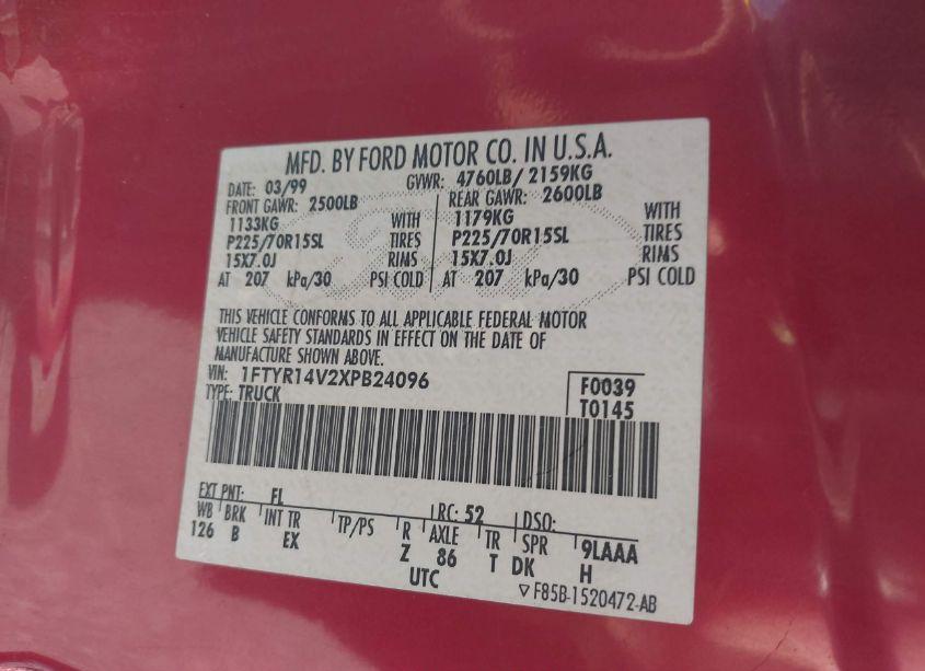 Photo 9 of 1999 Ford Ranger XL/XLT (VIN 1FTYR14V2XPB24096)