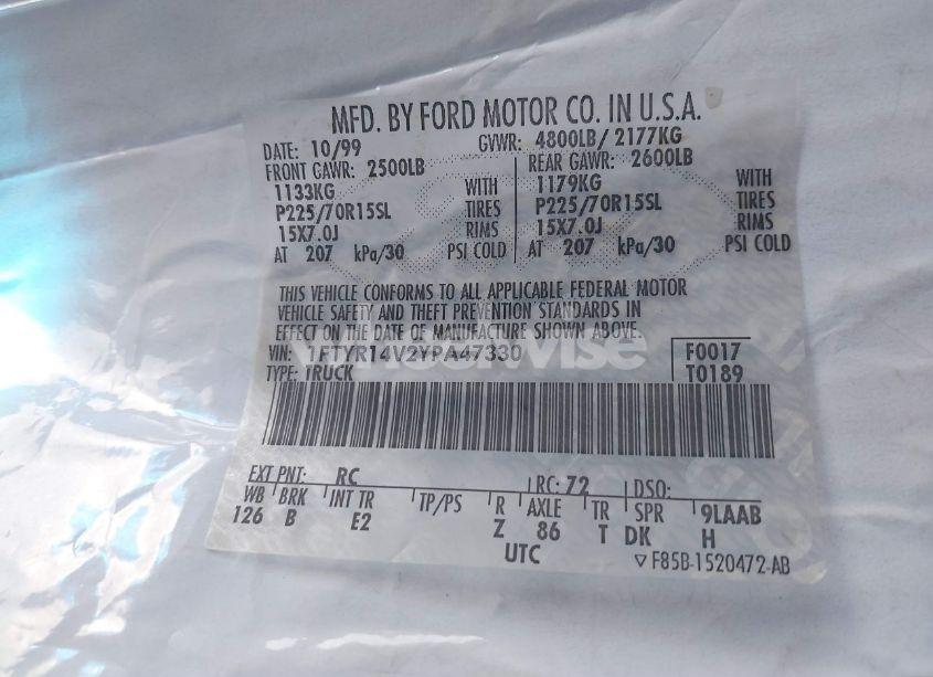 Photo 9 of 2000 Ford Ranger XL/XLT (VIN 1FTYR14V2YPA47330)