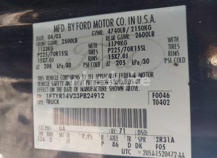Photo 9 of 2003 Ford Ranger EDGE/TREMOR/XL/XLT (VIN 1FTYR14V33PB24912)