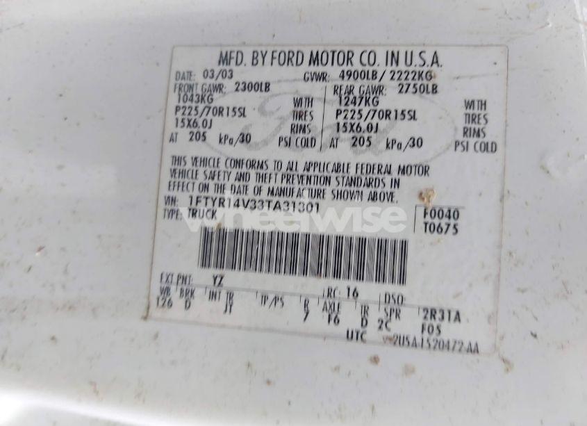 Photo 9 of 2003 Ford Ranger EDGE/TREMOR/XL/XLT (VIN 1FTYR14V33TA31301)