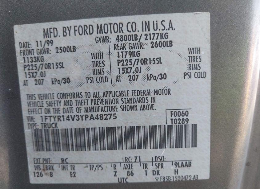 Photo 9 of 2000 Ford Ranger XL/XLT (VIN 1FTYR14V3YPA48275)