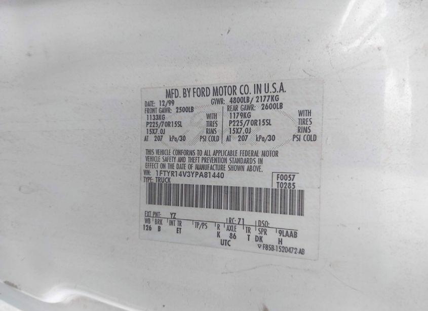 Photo 9 of 2000 Ford Ranger XL/XLT (VIN 1FTYR14V3YPA81440)