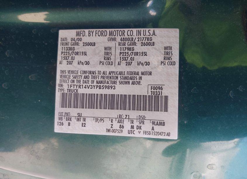 Photo 9 of 2000 Ford Ranger XL/XLT (VIN 1FTYR14V3YPB59893)