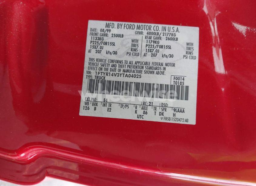 Photo 9 of 2000 Ford Ranger XL/XLT (VIN 1FTYR14V3YTA04025)