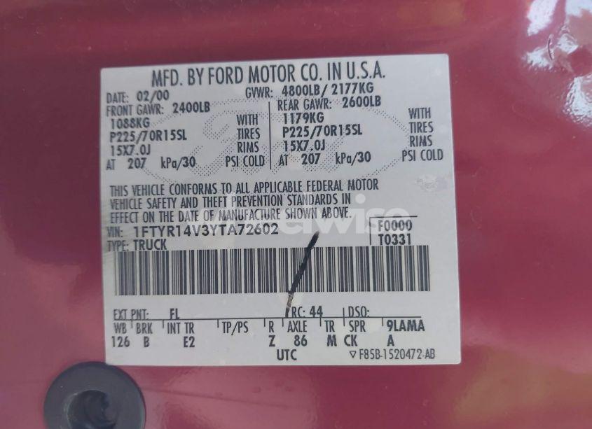 Photo 9 of 2000 Ford Ranger XL/XLT (VIN 1FTYR14V3YTA72602)