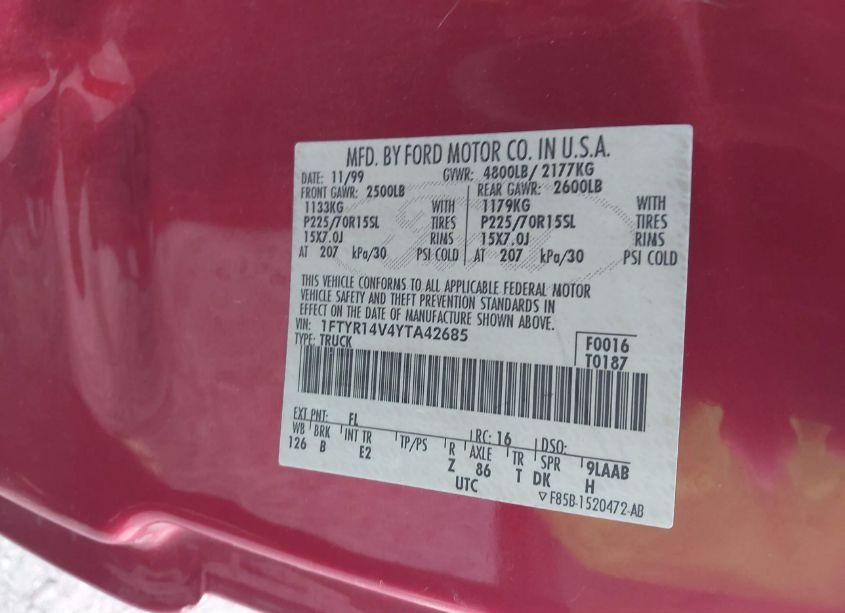 Photo 9 of 2000 Ford Ranger XL/XLT (VIN 1FTYR14V4YTA42685)