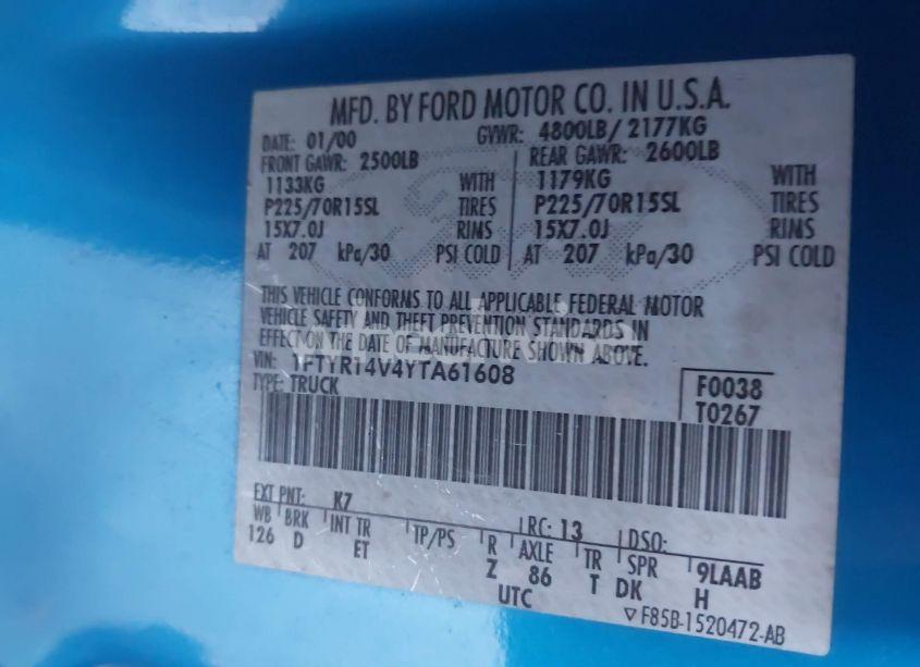 Photo 9 of 2000 Ford Ranger XL/XLT (VIN 1FTYR14V4YTA61608)