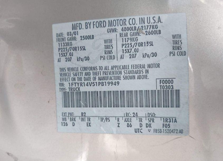 Photo 9 of 2001 Ford Ranger EDGE/XL/XLT (VIN 1FTYR14V51PB19949)