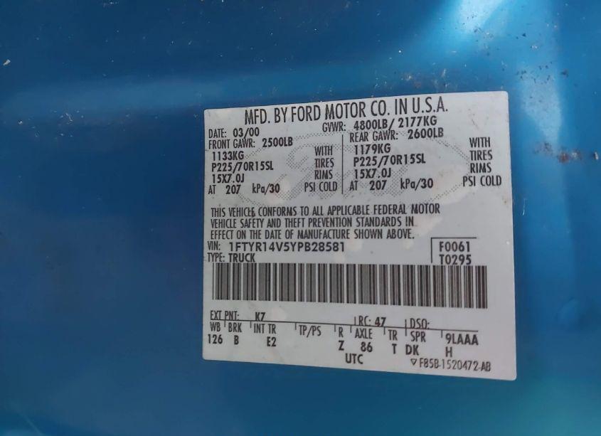 Photo 9 of 2000 Ford Ranger XL/XLT (VIN 1FTYR14V5YPB28581)