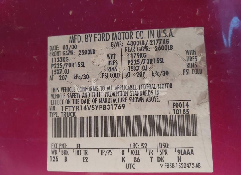 Photo 9 of 2000 Ford Ranger XL/XLT (VIN 1FTYR14V5YPB31769)