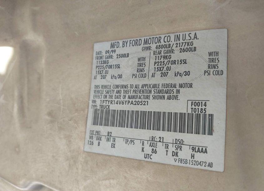 Photo 9 of 2000 Ford Ranger XL/XLT (VIN 1FTYR14V6YPA20521)