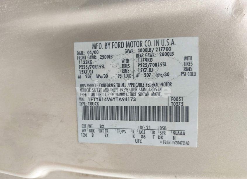 Photo 9 of 2000 Ford Ranger XL/XLT (VIN 1FTYR14V6YTA94173)