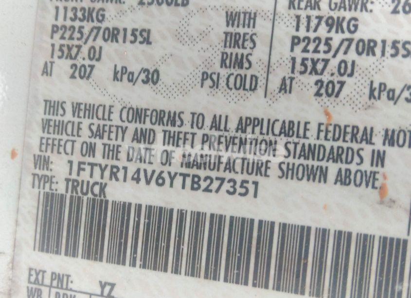 Photo 9 of 2000 Ford Ranger XL/XLT (VIN 1FTYR14V6YTB27351)