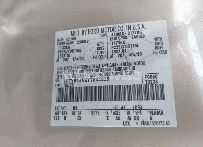 Photo 9 of 2000 Ford Ranger XL/XLT (VIN 1FTYR14V6YTB34235)