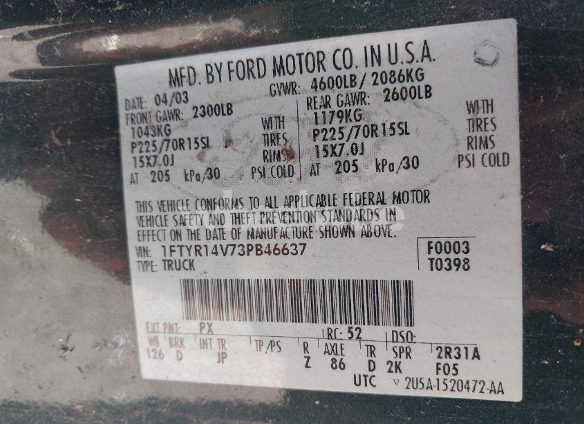 Photo 9 of 2003 Ford Ranger EDGE/TREMOR/XL/XLT (VIN 1FTYR14V73PB46637)