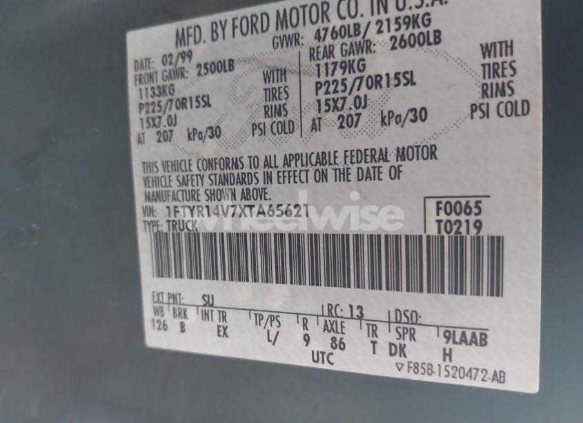 Photo 9 of 1999 Ford Ranger XL/XLT (VIN 1FTYR14V7XTA65621)