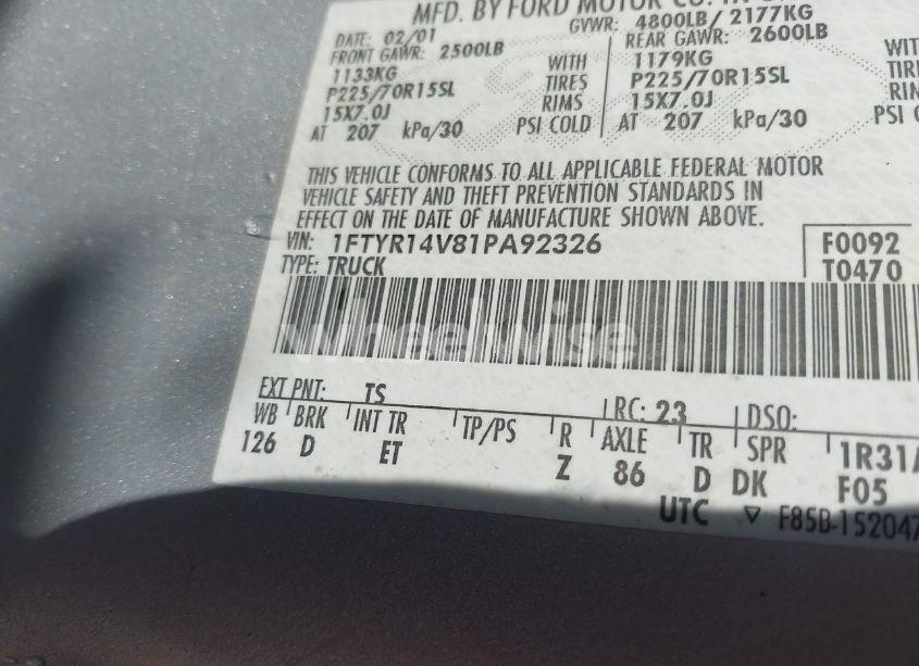 Photo 9 of 2001 Ford Ranger EDGE/XL/XLT (VIN 1FTYR14V81PA92326)