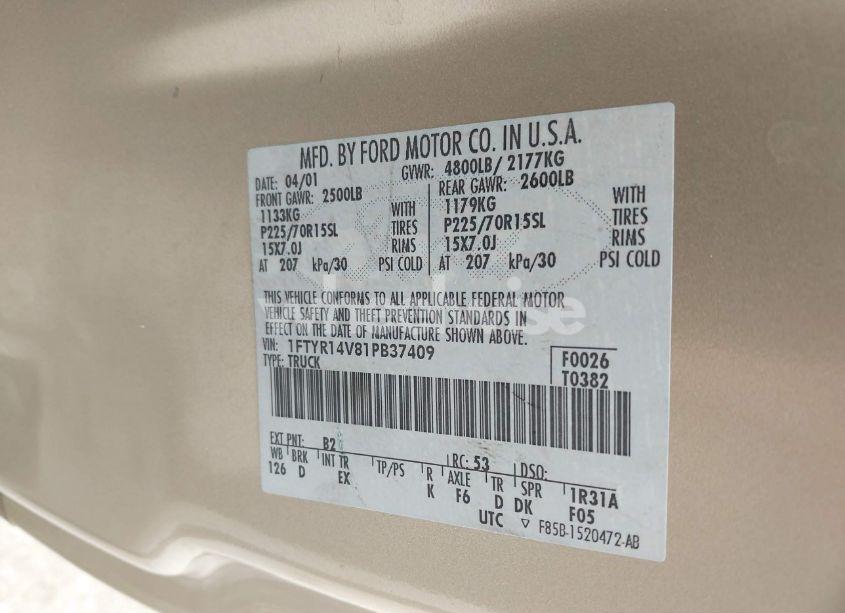 Photo 9 of 2001 Ford Ranger EDGE/XL/XLT (VIN 1FTYR14V81PB37409)