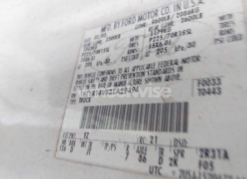Photo 9 of 2003 Ford Ranger EDGE/TREMOR/XL/XLT (VIN 1FTYR14V83TA29494)