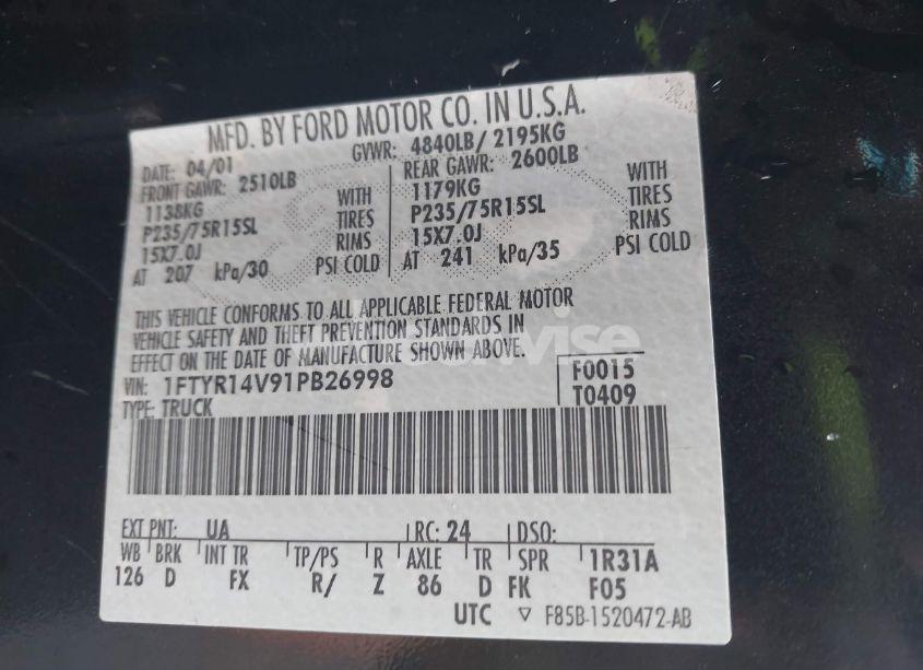 Photo 9 of 2001 Ford Ranger EDGE/XL/XLT (VIN 1FTYR14V91PB26998)