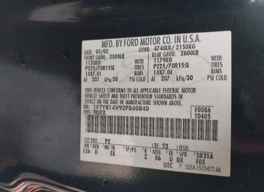 Photo 9 of 2002 Ford Ranger EDGE/TREMOR/XL/XLT (VIN 1FTYR14V92PB40840)