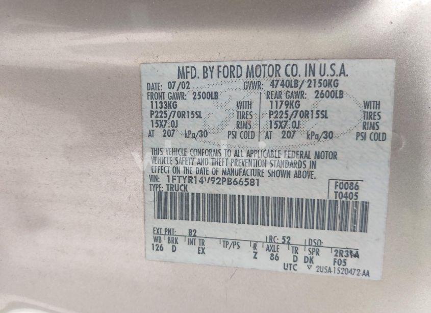 Photo 9 of 2002 Ford Ranger EDGE/TREMOR/XL/XLT (VIN 1FTYR14V92PB66581)