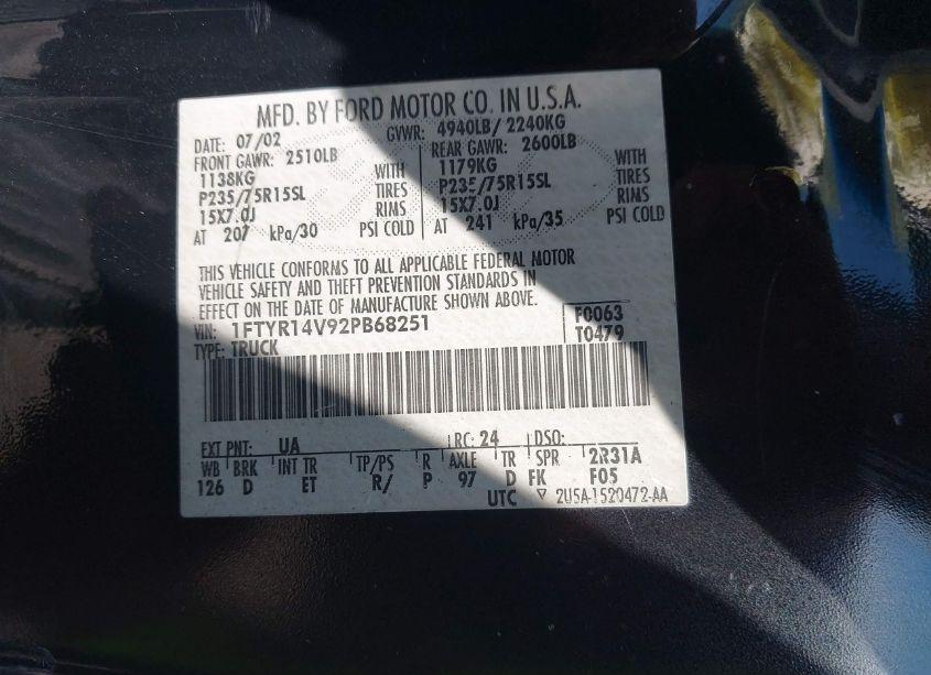 Photo 9 of 2002 Ford Ranger EDGE/TREMOR/XL/XLT (VIN 1FTYR14V92PB68251)