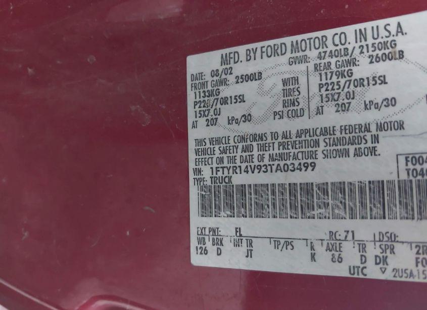 Photo 9 of 2003 Ford Ranger EDGE/TREMOR/XL/XLT (VIN 1FTYR14V93TA03499)