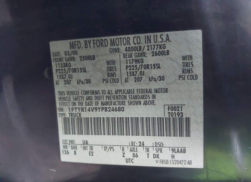 Photo 9 of 2000 Ford Ranger XL/XLT (VIN 1FTYR14V9YPB24680)