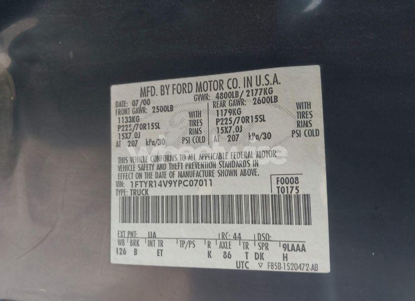 Photo 9 of 2000 Ford Ranger XL/XLT (VIN 1FTYR14V9YPC07011)