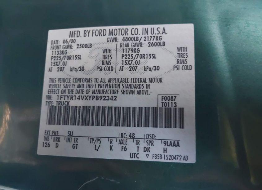 Photo 9 of 2000 Ford Ranger XL/XLT (VIN 1FTYR14VXYPB92342)