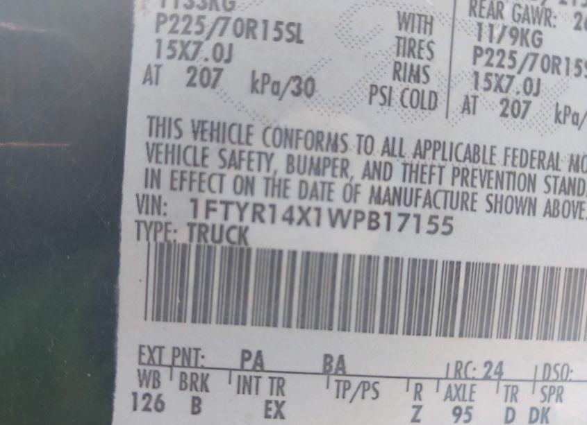 Photo 9 of 1998 Ford Ranger SPLASH/XL/XLT (VIN 1FTYR14X1WPB17155)