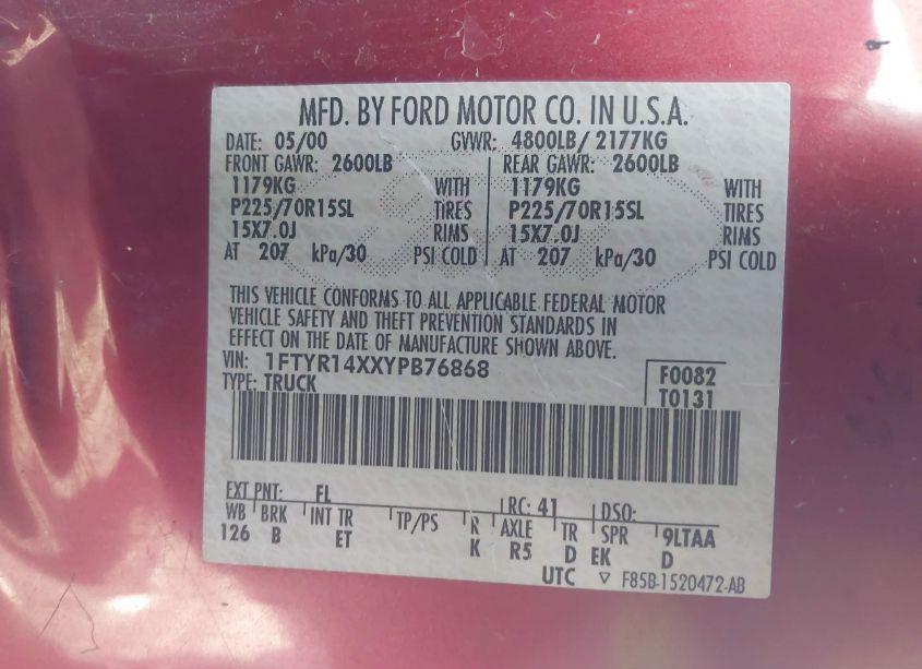 Photo 9 of 2000 Ford Ranger XLT (VIN 1FTYR14XXYPB76868)