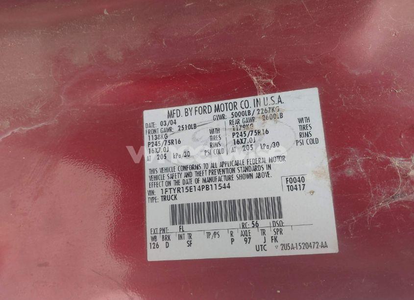 Photo 9 of 2004 Ford Ranger XLT (VIN 1FTYR15E14PB11544)