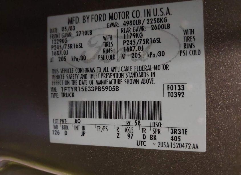 Photo 9 of 2003 Ford Ranger XLT (VIN 1FTYR15E33PB59058)