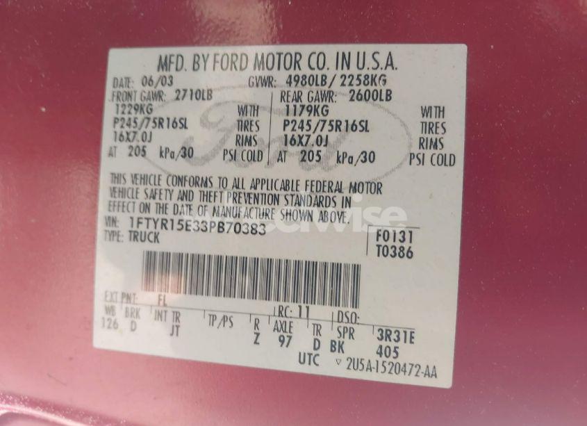 Photo 9 of 2003 Ford Ranger XLT (VIN 1FTYR15E33PB70383)