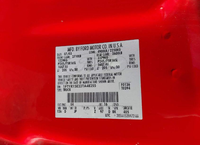 Photo 9 of 2003 Ford Ranger XLT (VIN 1FTYR15E33TA48355)
