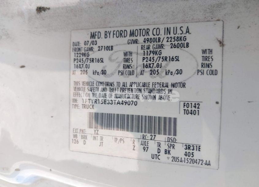 Photo 9 of 2003 Ford Ranger XLT (VIN 1FTYR15E33TA49070)