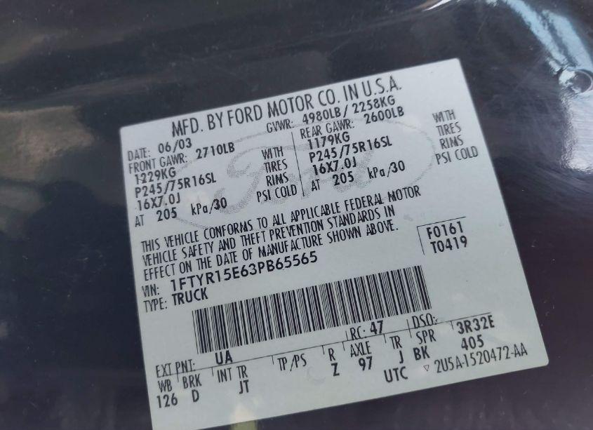 Photo 9 of 2003 Ford Ranger XLT (VIN 1FTYR15E63PB65565)
