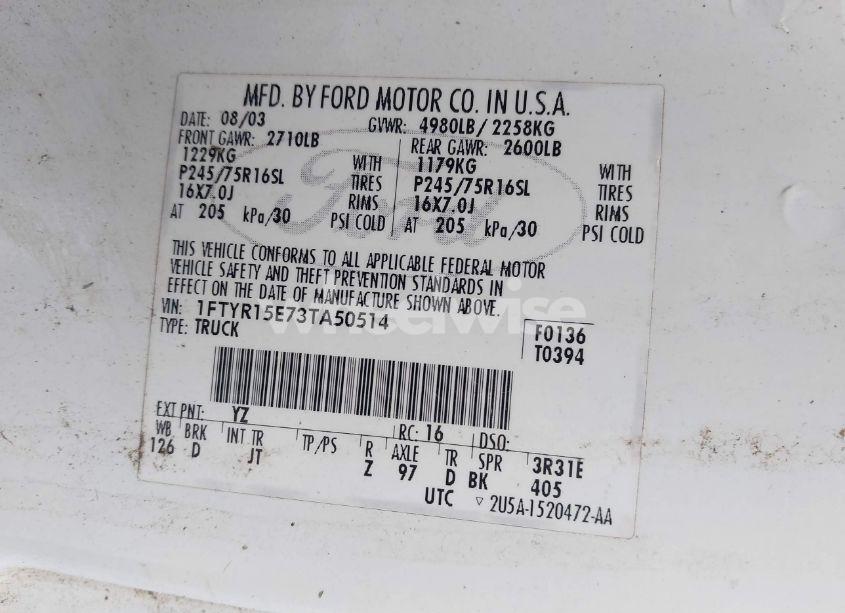 Photo 9 of 2003 Ford Ranger XLT (VIN 1FTYR15E73TA50514)