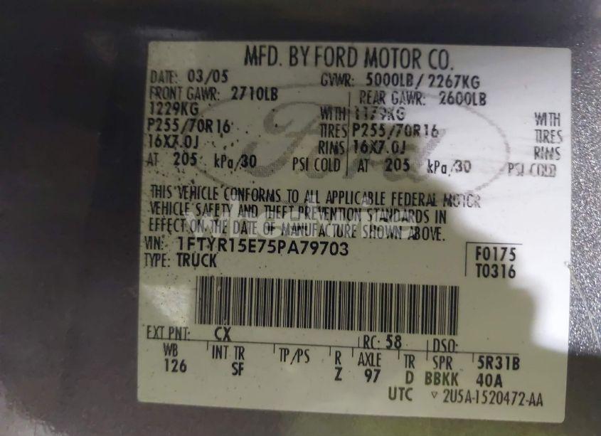 Photo 9 of 2005 Ford Ranger EDGE/XL/XLT (VIN 1FTYR15E75PA79703)