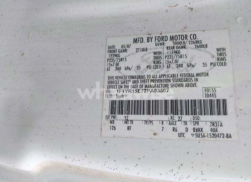 Photo 9 of 2007 Ford Ranger FX4 OFF-ROAD/SPORT/XL/XLT (VIN 1FTYR15E77PA93507)