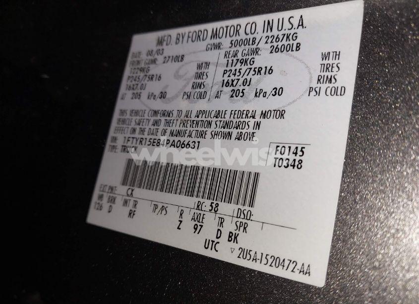 Photo 9 of 2004 Ford Ranger XLT (VIN 1FTYR15E84PA06631)