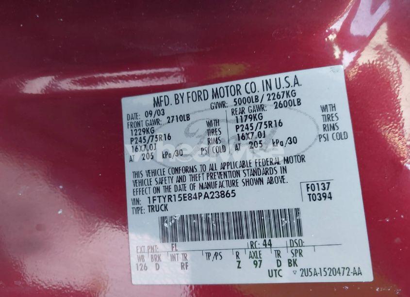 Photo 9 of 2004 Ford Ranger XLT (VIN 1FTYR15E84PA23865)