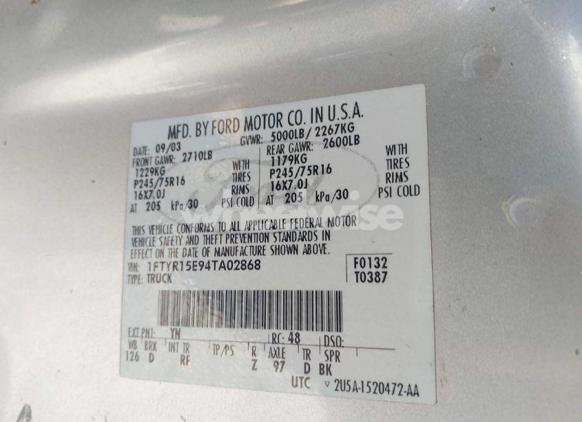 Photo 9 of 2004 Ford Ranger XLT (VIN 1FTYR15E94TA02868)