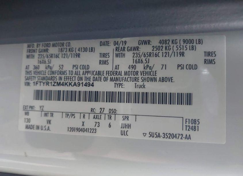 Photo 9 of 2019 Ford Transit-250 (VIN 1FTYR1ZM4KKA91494)