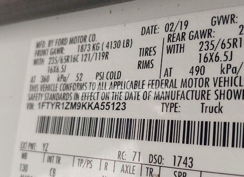 Photo 9 of 2019 Ford Transit T-250 (VIN 1FTYR1ZM9KKA55123)